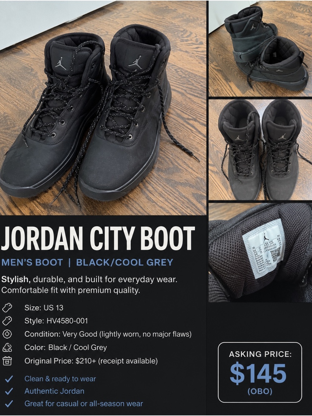 Jordan City Boot Men's Black with Cool Grey Accents